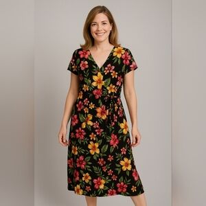 Sheri Martin NY Vintage 90s Tropical Hibiscus Floral Midi Dress Size 14 Rayon